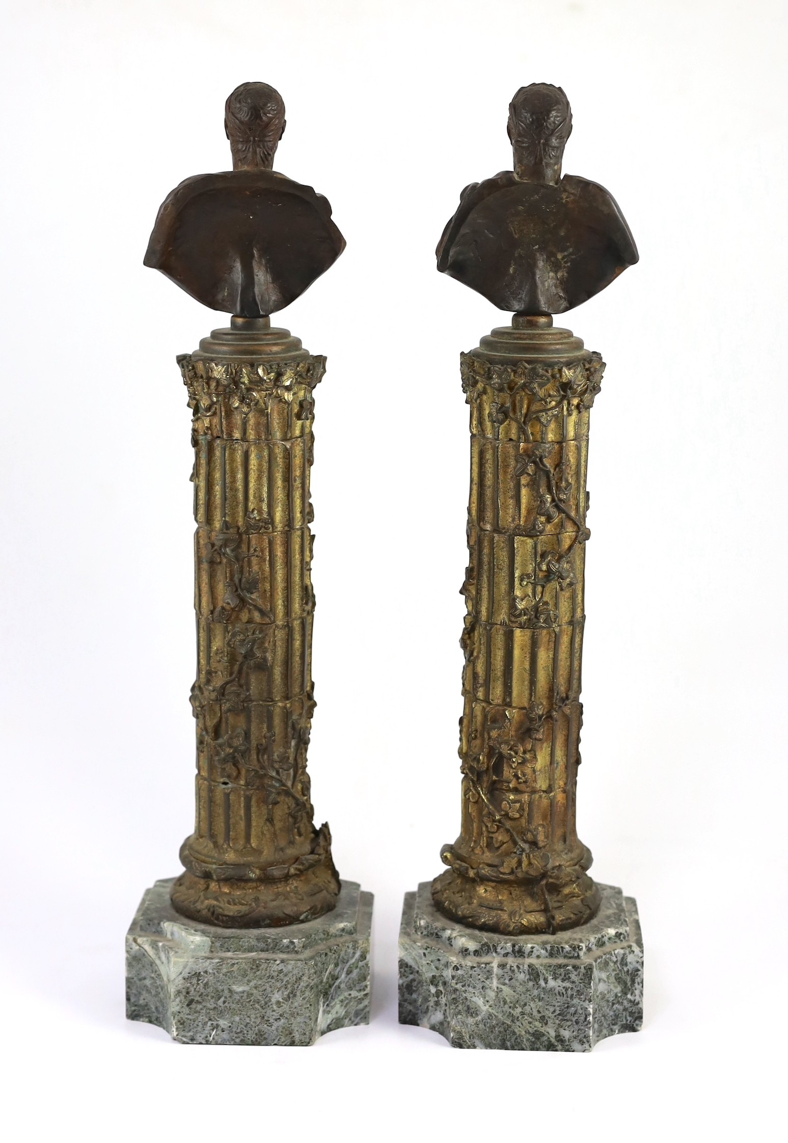 After the Antique. A pair of bronze busts of Roman Emperors, width of bases 12cm height 45cm
